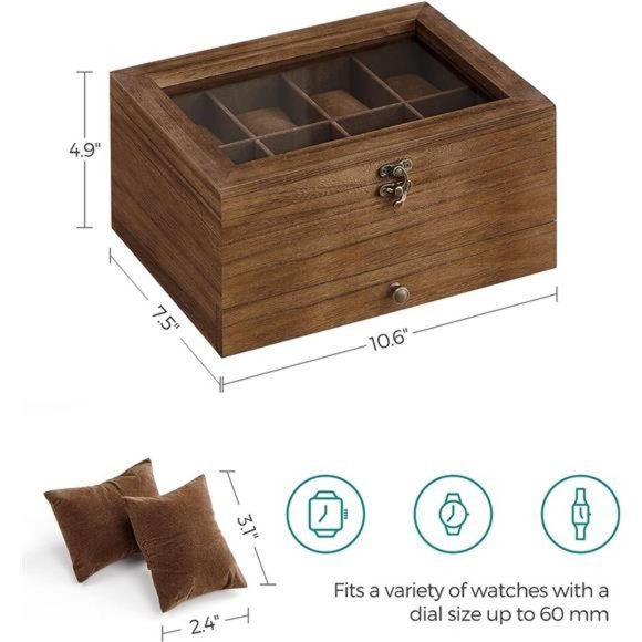 8-Slot 2-Tier Watch Display Case with Large Glass Lid, Removable Watch Pillows - Picture 6 of 6